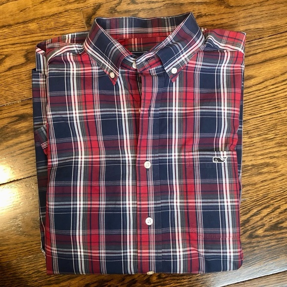 VINEYARD VINES Navy Red Plaid Button Down Shirt w Button Collar & Cuffs Sz LARGE
